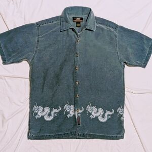 Vintage Colo Wear Button Down Shirt Short Sleeve Cotton Dragon Print Y2K  Medium
